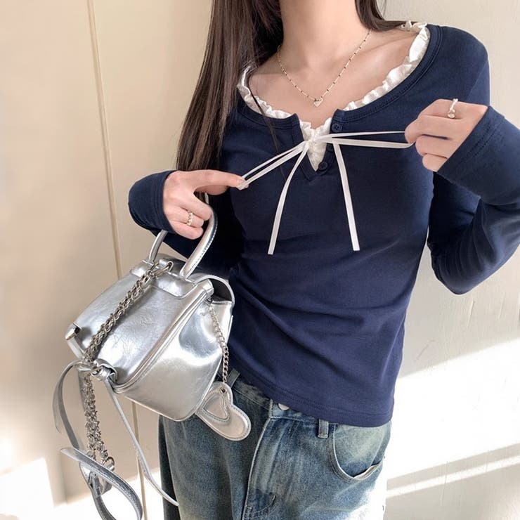 ダークブルー | フリルネックレイヤード風長袖トップス レディース トップス | Doux Belle 