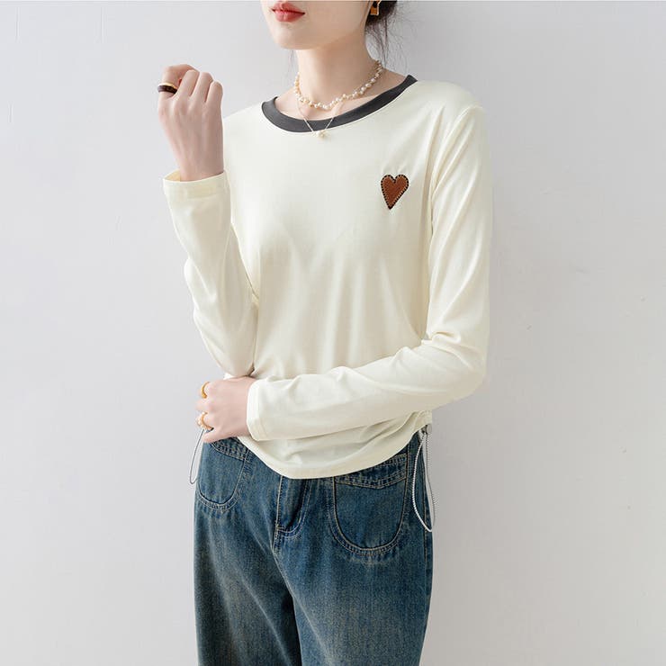 ハートワッペン付きサイドギャザー長袖Tシャツ レディース トップス | Doux Belle  | 詳細画像6 