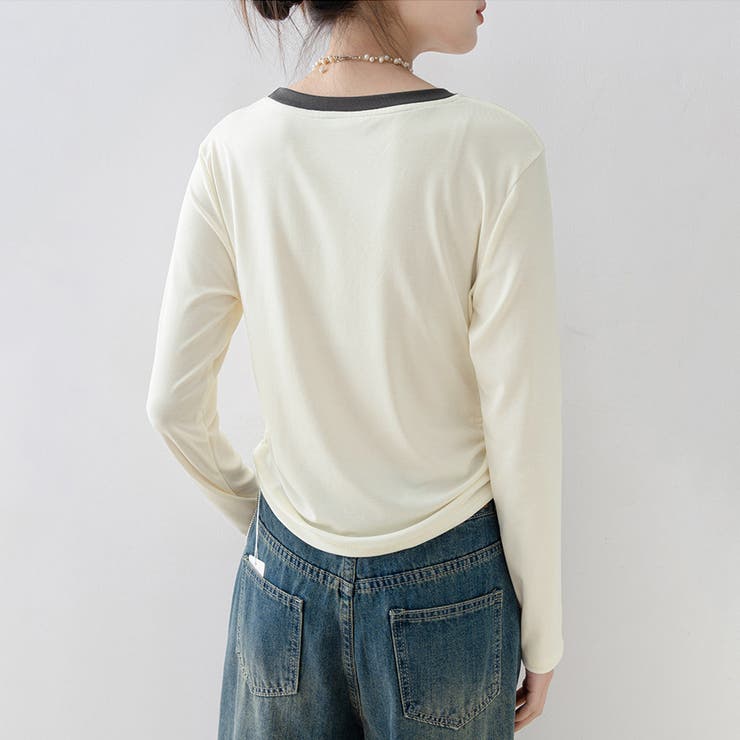 ハートワッペン付きサイドギャザー長袖Tシャツ レディース トップス | Doux Belle  | 詳細画像7 