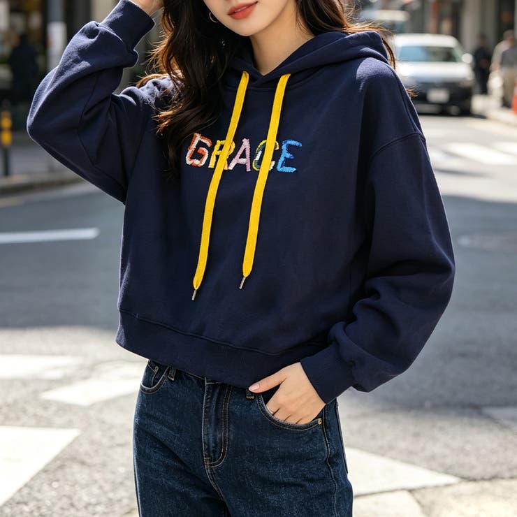 ネイビー | カラフルロゴ刺繍配色パーカー レディース トップス | Doux Belle 