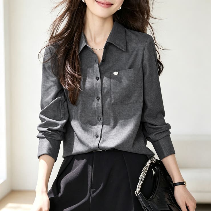 グレー | バックタックレギュラーカラー長袖シャツブラウス レディース トップス | Doux Belle 