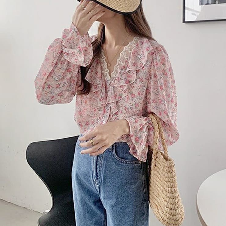 花柄レースフリルVネック長袖ブラウス レディース トップス | Doux Belle  | 詳細画像11 
