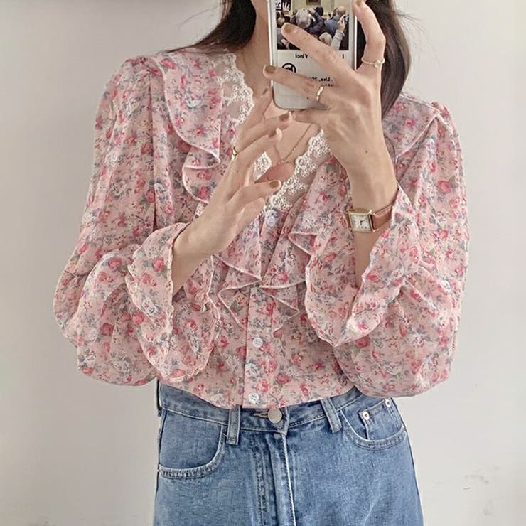 ピンク | 花柄レースフリルVネック長袖ブラウス レディース トップス | Doux Belle 