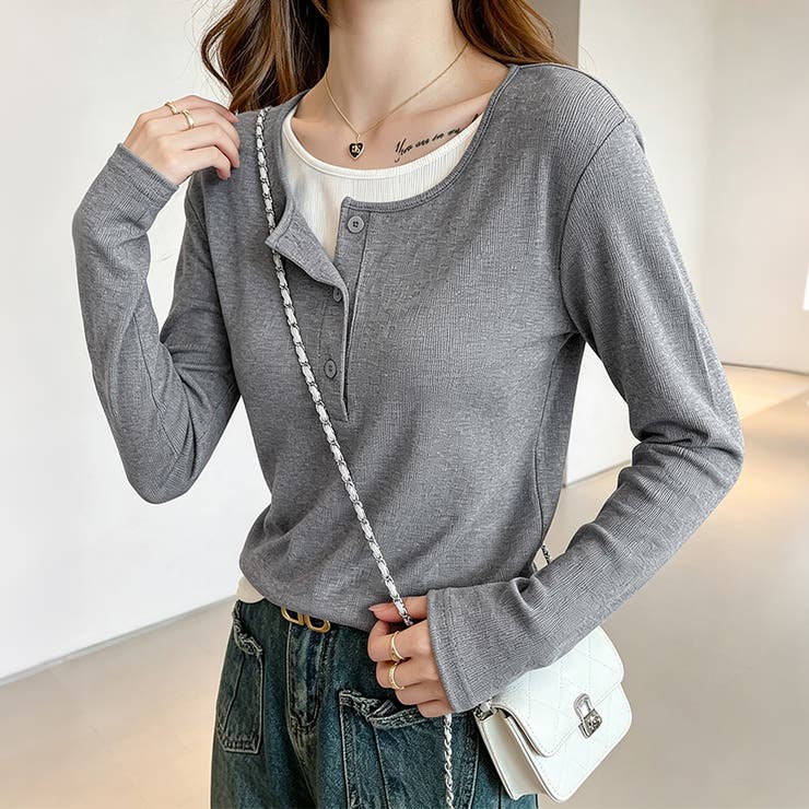 グレー | シンプルデザインドッキング長袖トップス レディース トップス | Doux Belle 
