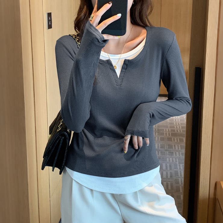 レイヤード風スリットネックリブ長袖カットソー レディース トップス | Doux Belle  | 詳細画像8 