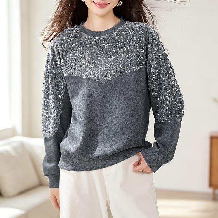グレー | スパンコール切り替えクルーネック長袖プルオーバー レディース トップス | Doux Belle 
