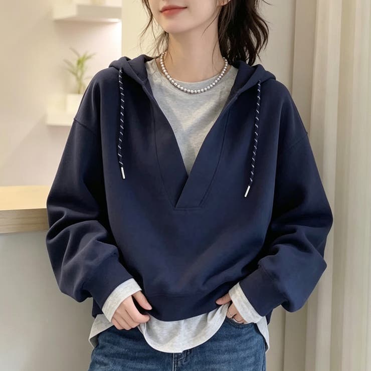 ネイビー | レイヤード風スキッパーフードパーカー レディース トップス | Doux Belle 