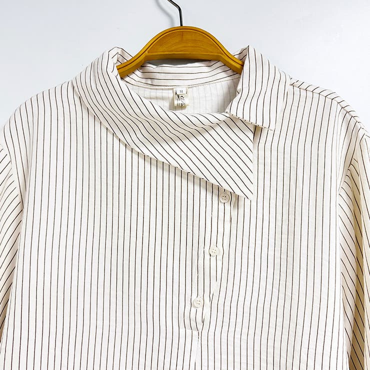 アシンメトリー変形襟ストライプ長袖シャツブラウス レディース トップス | Doux Belle  | 詳細画像10 