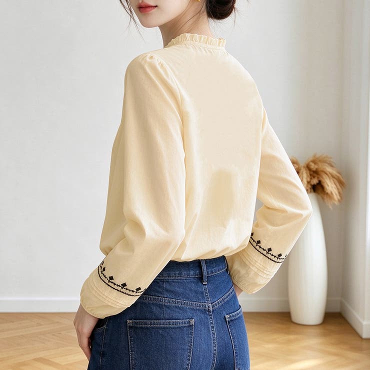 刺繍デザインスタンドカラー長袖シャツブラウス レディース トップス | Doux Belle  | 詳細画像8 