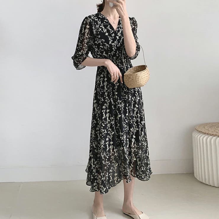 マキシワンピース ロングワンピース シフォンワンピース 花柄 V