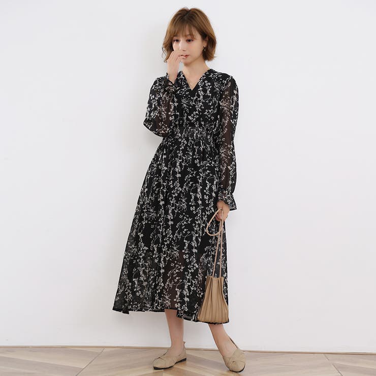 関税送料込【MACDUGGAL】ロングワンピース シフォン 花柄 ピンク テディショップ Teddyshop レディース 小花柄ボウタイシフォンA