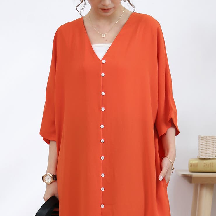 ワンピース ロング丈 半袖  vネック ボタン ゆったり | Doux Belle  | 詳細画像10 