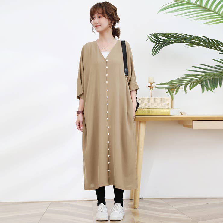 ワンピース ロング丈 半袖 vネック ボタン ゆったり[品番