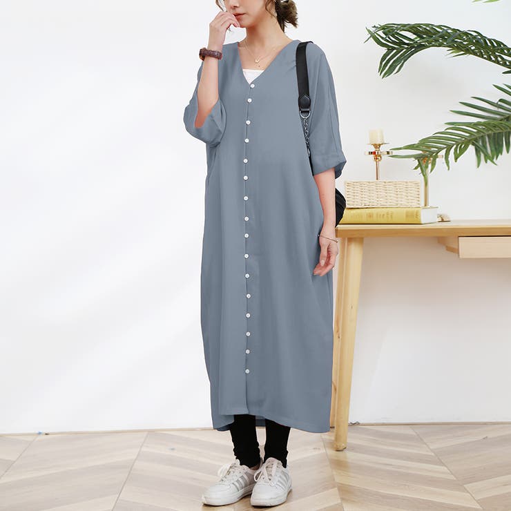 ワンピース ロング丈 半袖  vネック ボタン ゆったり | Doux Belle  | 詳細画像5 