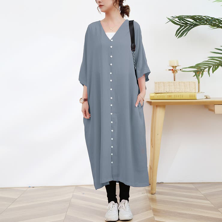 サックス | ワンピース ロング丈 半袖  vネック ボタン ゆったり | Doux Belle 