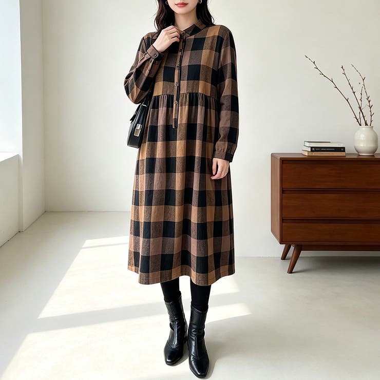 チェック柄ロング丈シャツワンピース レディース ワンピース | Doux Belle  | 詳細画像15 