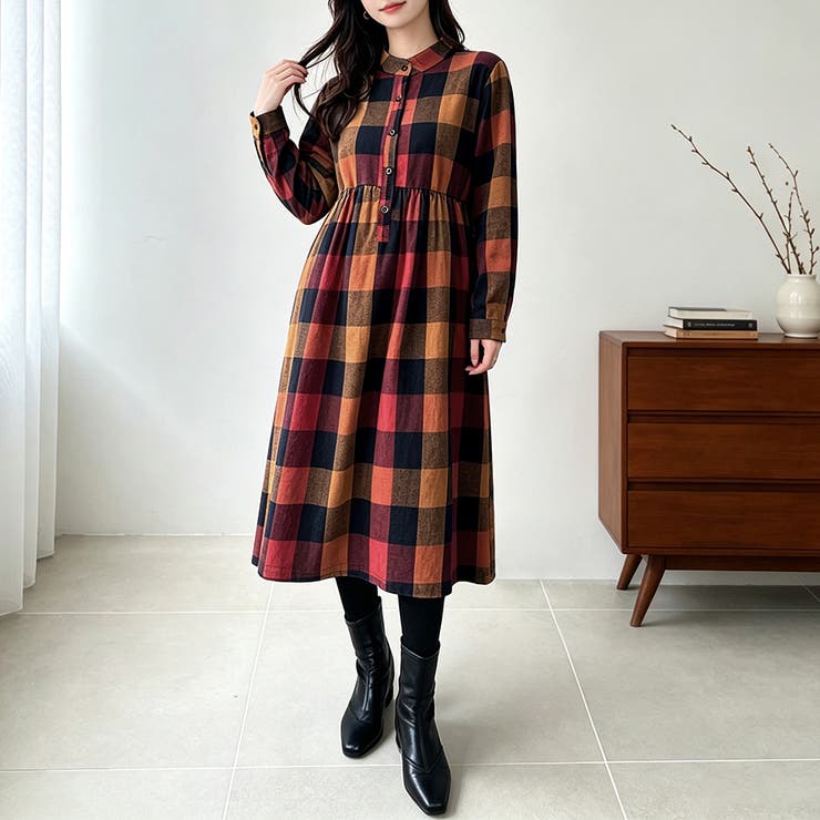 レッド | チェック柄ロング丈シャツワンピース レディース ワンピース | Doux Belle 