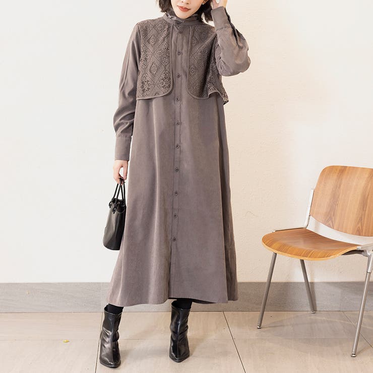 ワンピース ロング 長袖 ロングワンピース マキシ丈 シャツワンピ レース | Doux Belle  | 詳細画像1 