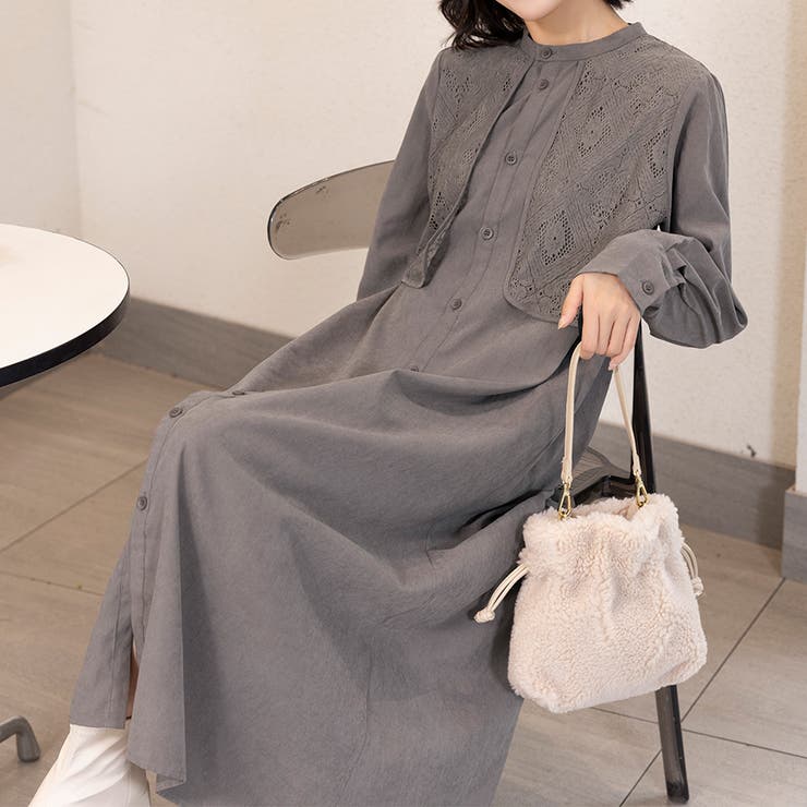 ワンピース ロング 長袖 ロングワンピース マキシ丈 シャツワンピ レース | Doux Belle  | 詳細画像6 
