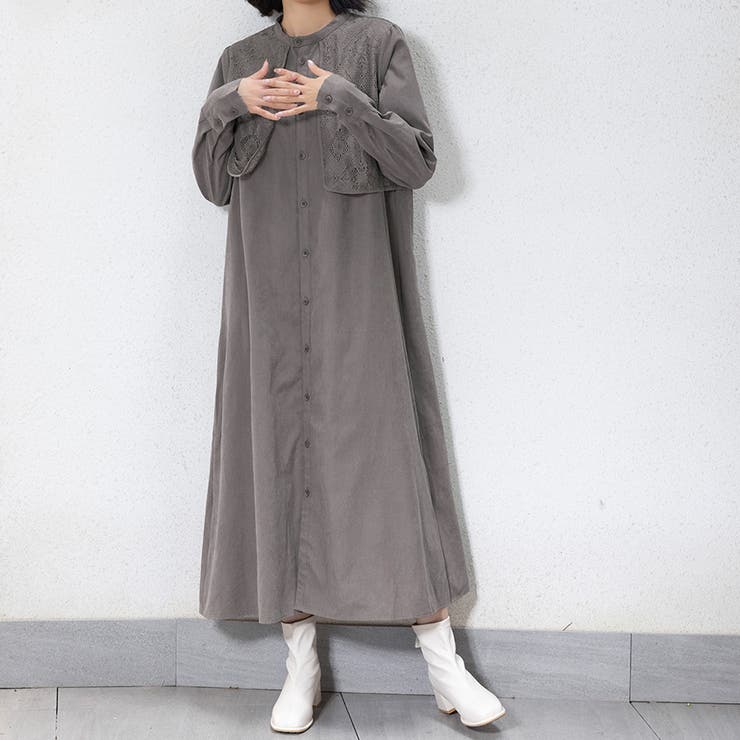 チャコールグレー | ワンピース ロング 長袖 ロングワンピース マキシ丈 シャツワンピ レース | Doux Belle 