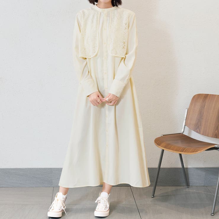 アイボリー | ワンピース ロング 長袖 ロングワンピース マキシ丈 シャツワンピ レース | Doux Belle 
