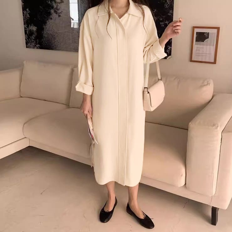 ベージュ | シャツワンピース ロング 長袖 | Doux Belle 