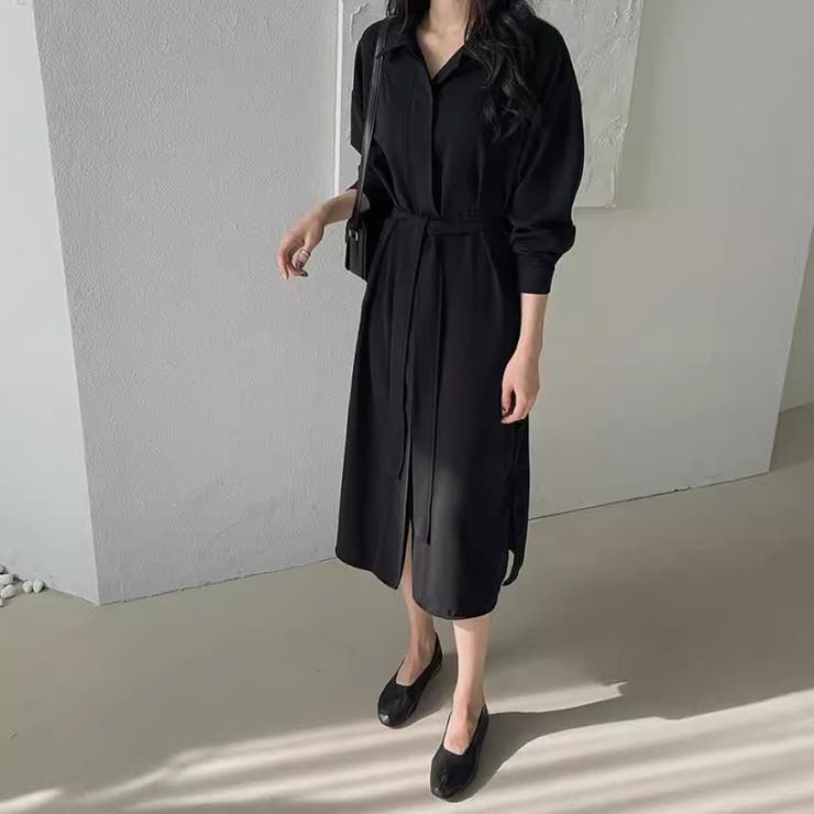 ブラック | シャツワンピース ロング 長袖 | Doux Belle 