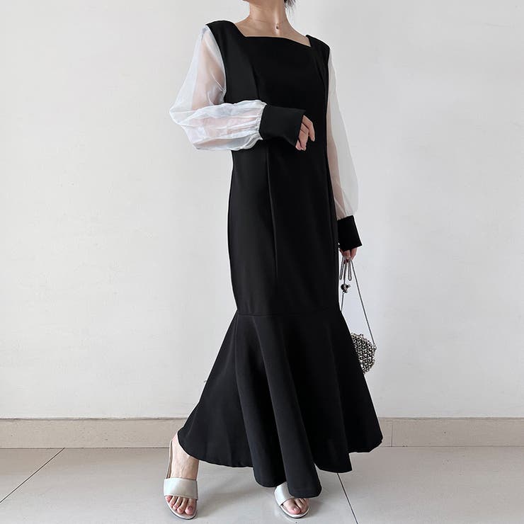 ブラックホワイト | マーメイドシアーロングワンピース | Doux Belle 