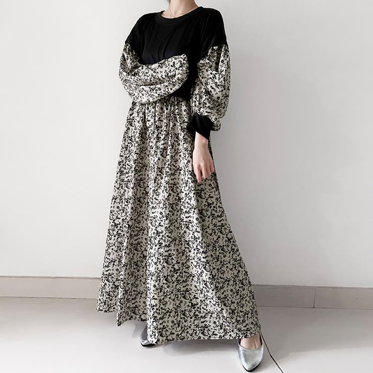 ベージュブラック | ドッキング花柄ロングワンピース | Doux Belle 