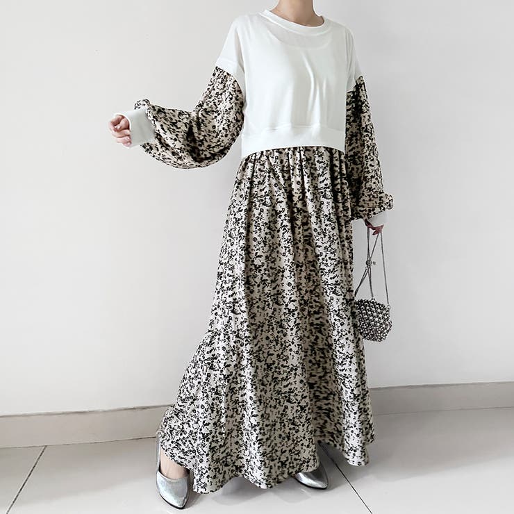 ベージュ | ドッキング花柄ロングワンピース | Doux Belle 