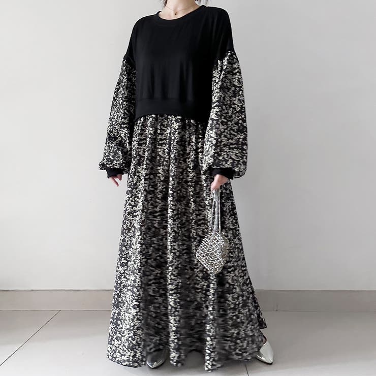 ブラック | ドッキング花柄ロングワンピース | Doux Belle 