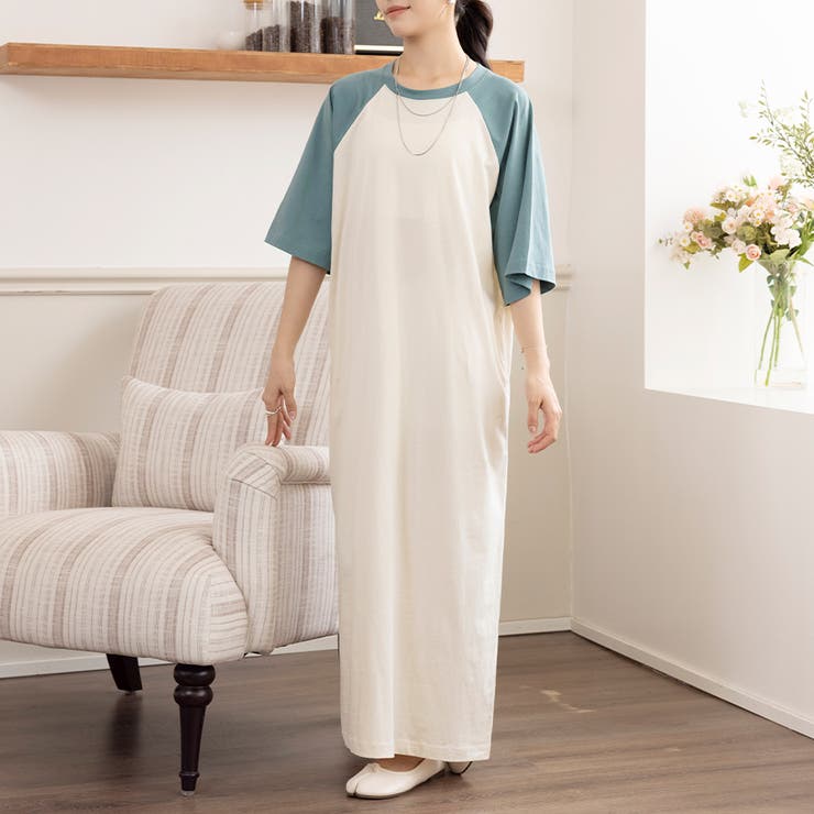 五分袖バイカラーロングワンピース | Doux Belle  | 詳細画像1 