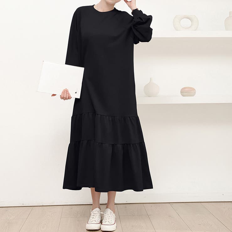 ブラック | ラグラン袖ティアードワンピース | Doux Belle 