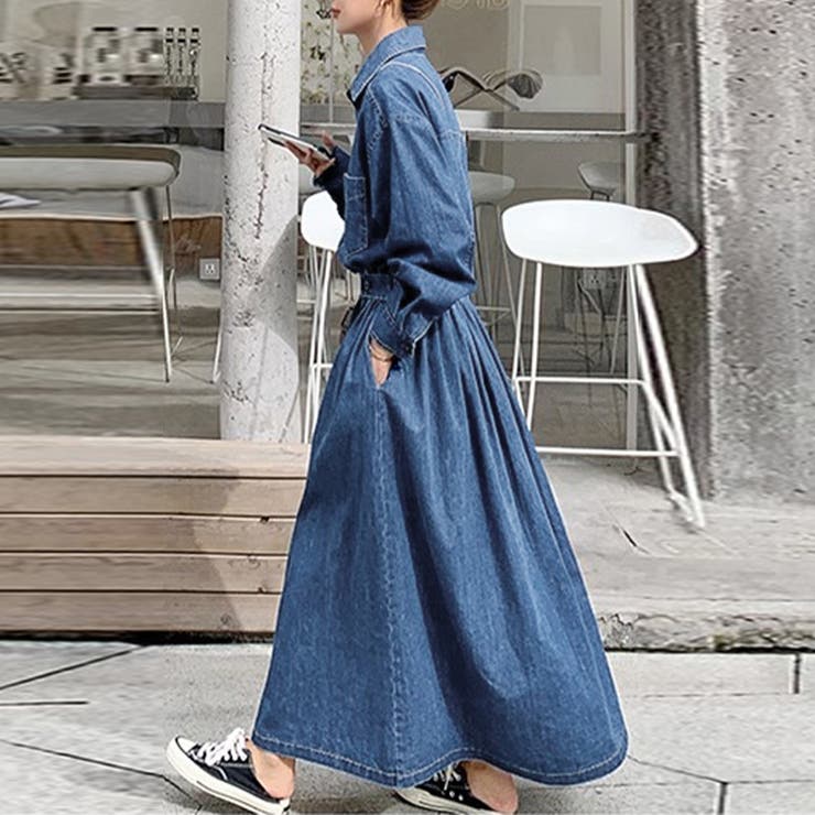ウエストギャザーデニムシャツワンピース[品番：DBLW0002163]｜Doux