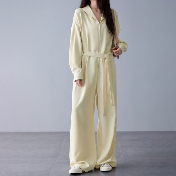 ベージュ | ウエストリボン×ワイドパンツオールインワン | Doux Belle 