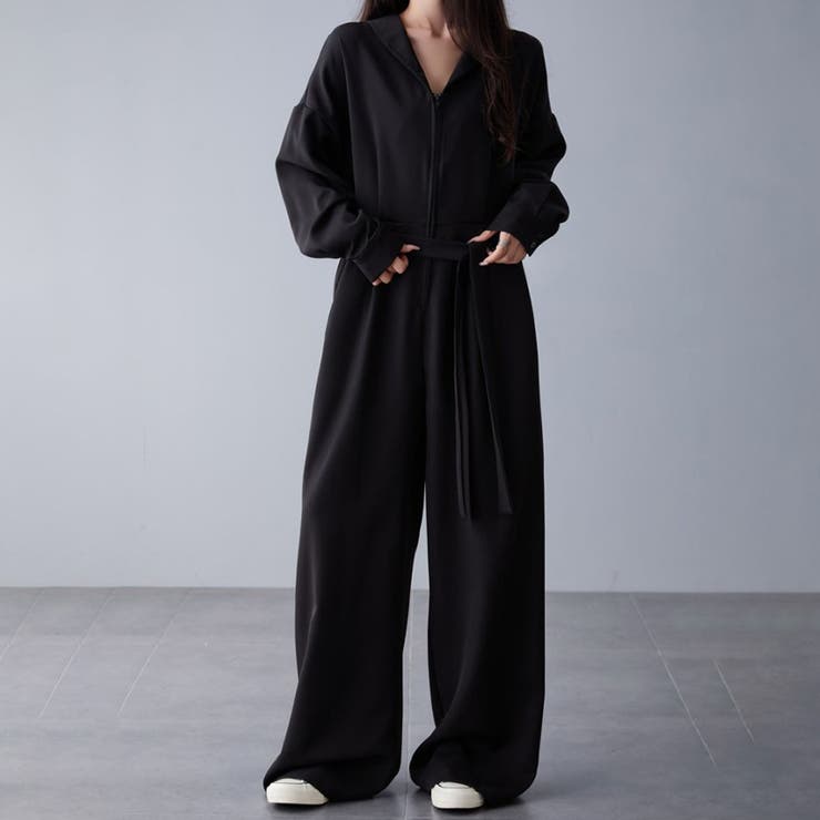 ブラック | ウエストリボン×ワイドパンツオールインワン | Doux Belle 