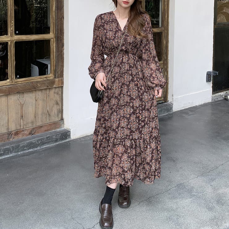 コーヒー | 小花柄ウエストギャザーワンピース | Doux Belle 