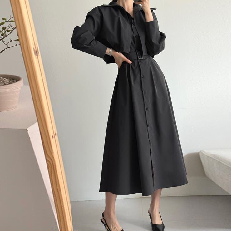 ショート丈ジャケット&ウエストベルト前開シャツワンピース | Doux Belle  | 詳細画像9 