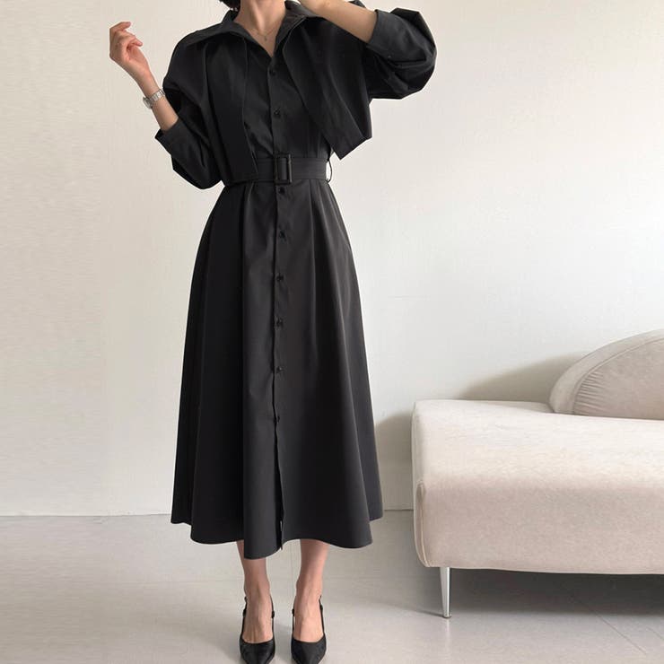 ダークグレー | ショート丈ジャケット&ウエストベルト前開シャツワンピース | Doux Belle 