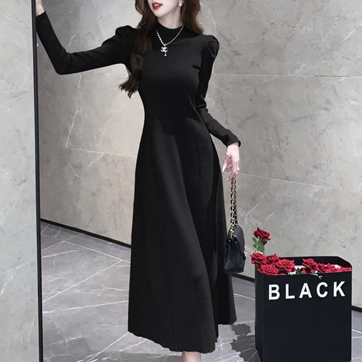 ブラック | ハイネックフィットニットワンピース | Doux Belle 