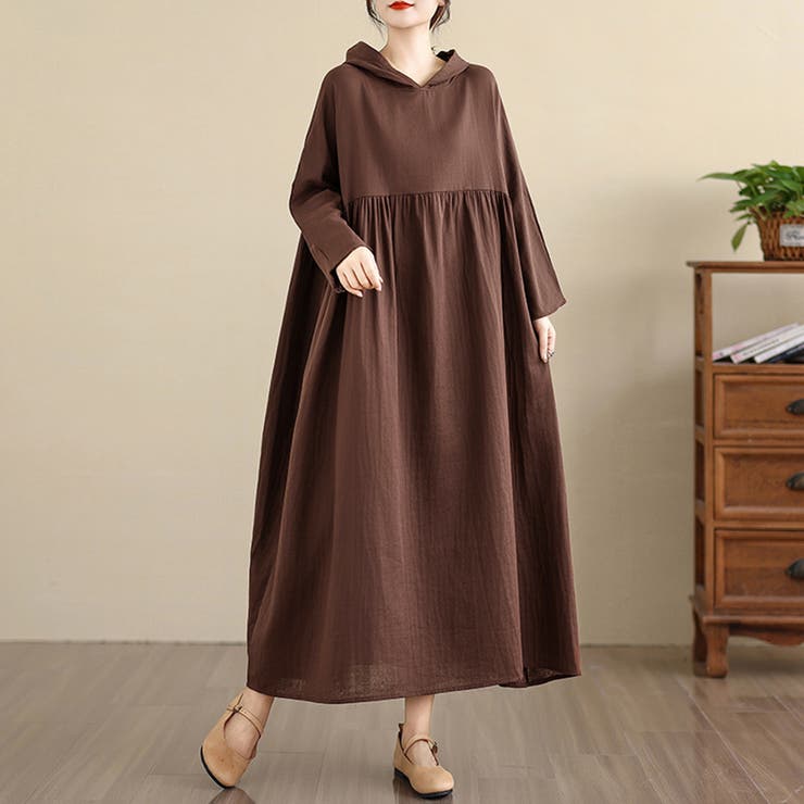 モカ | フード付きギャザー入りマキシワンピース | Doux Belle 