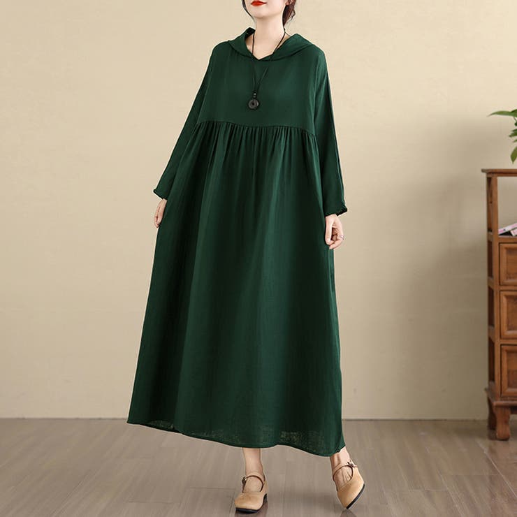 ダークグリーン | フード付きギャザー入りマキシワンピース | Doux Belle 