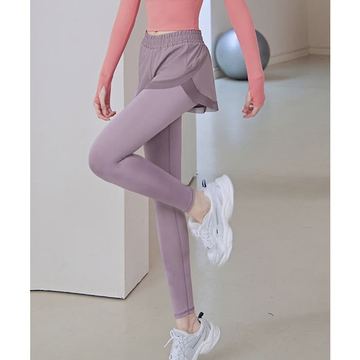 パープル | ハイウエス重ね着風ヨガレギンスパンツ | SEU