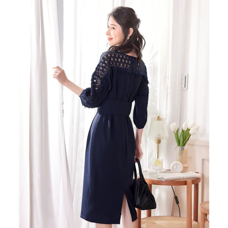 パーティードレス GANISONG Sophie One Piece Navy ガール GIRL オーガンジー切り替えギャザースリーブフレアロング
