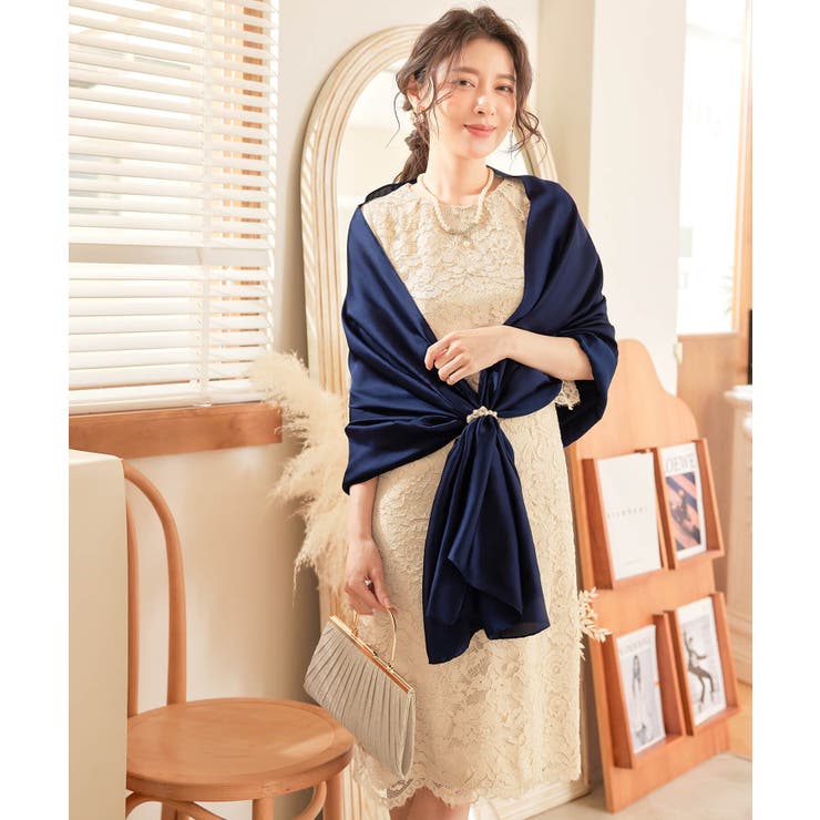 ネイビー | パーティーストール ショール 大判 留め具付き | DRESS+