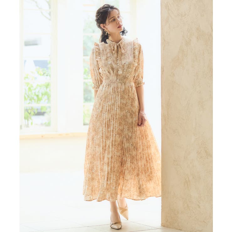 ワンピース 花柄 レトロ柄 半袖 プリーツ ミモレ丈[品番