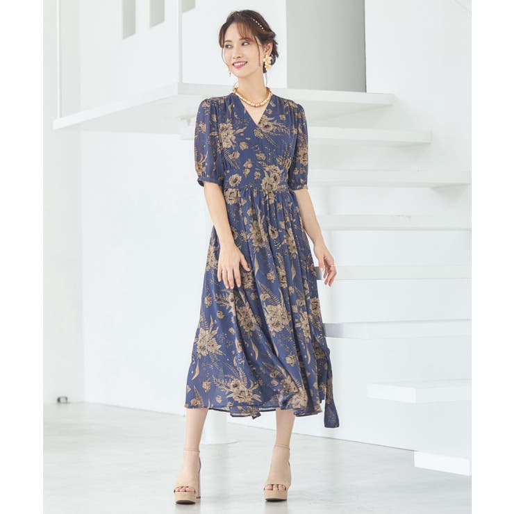 ワンピース 花柄 カシュクール ミモレ丈 5分袖卒業式 成人式[品番