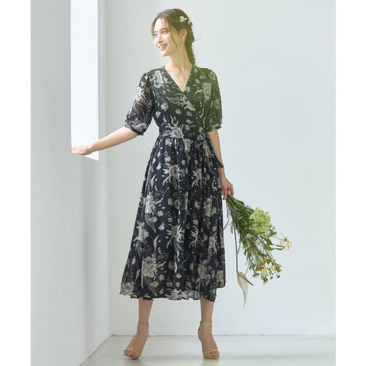 ワンピース 花柄 カシュクール ミモレ丈 5分袖卒業式 成人式[品番