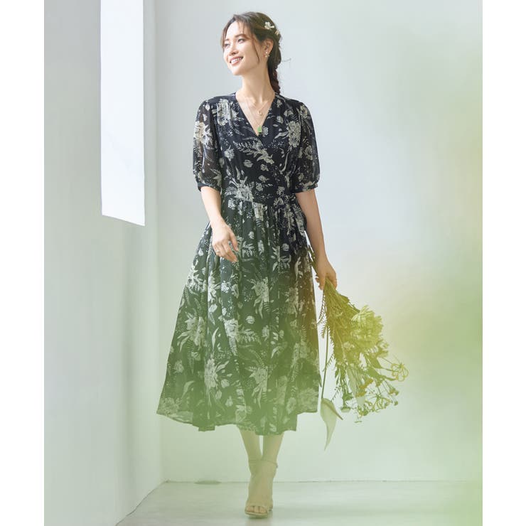 ワンピース 花柄 カシュクール ミモレ丈 5分袖卒業式 成人式[品番