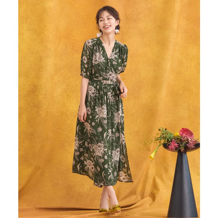 美品✨Phase Eight カシュクール風ロングワンピース 花柄　グリーン ワンピース 花柄 カシュクール ミモレ丈 5分袖卒業式 成人式[品番